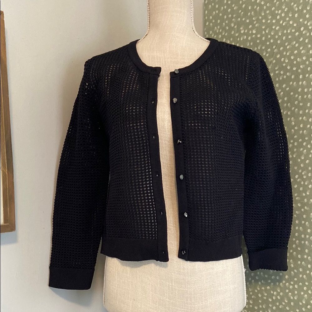 Milly Black Crochet Knit Cropped 3/4 Sleeve Lightweight Cardigan Size Medium